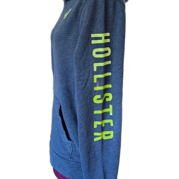 Hollister Blue Hoodie with Neon Lime Green Logo Womens Medium - Picture 3 of 9